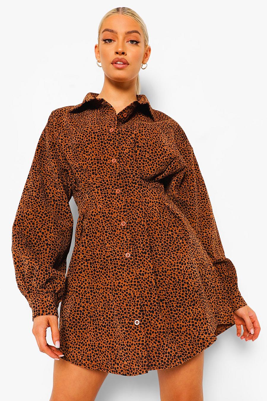 Blusenkleid aus Cord mit Leopardenmuster, Schokoladenbraun image number 1