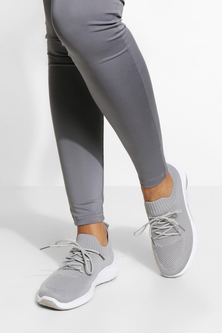 Grey Wide Fit Basic Knitted Sports Sneakers image number 1