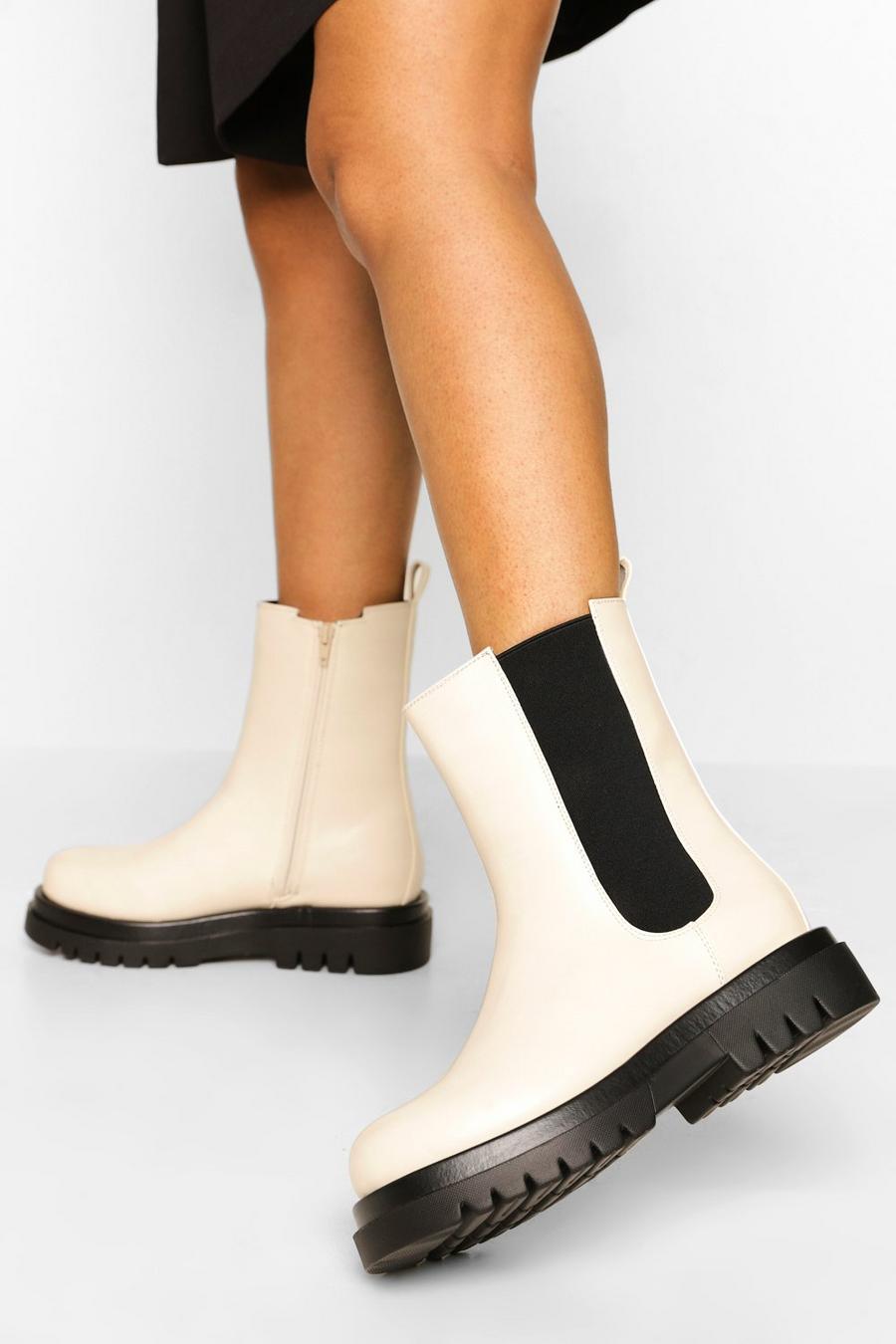 Ecru Wide Fit Calf High Chunky Chelsea Boots image number 1