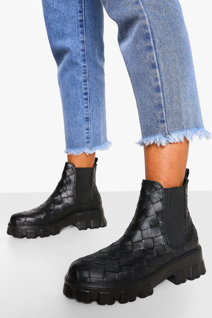 Black Woven Chunky Platform Chelsea Boots image number 1