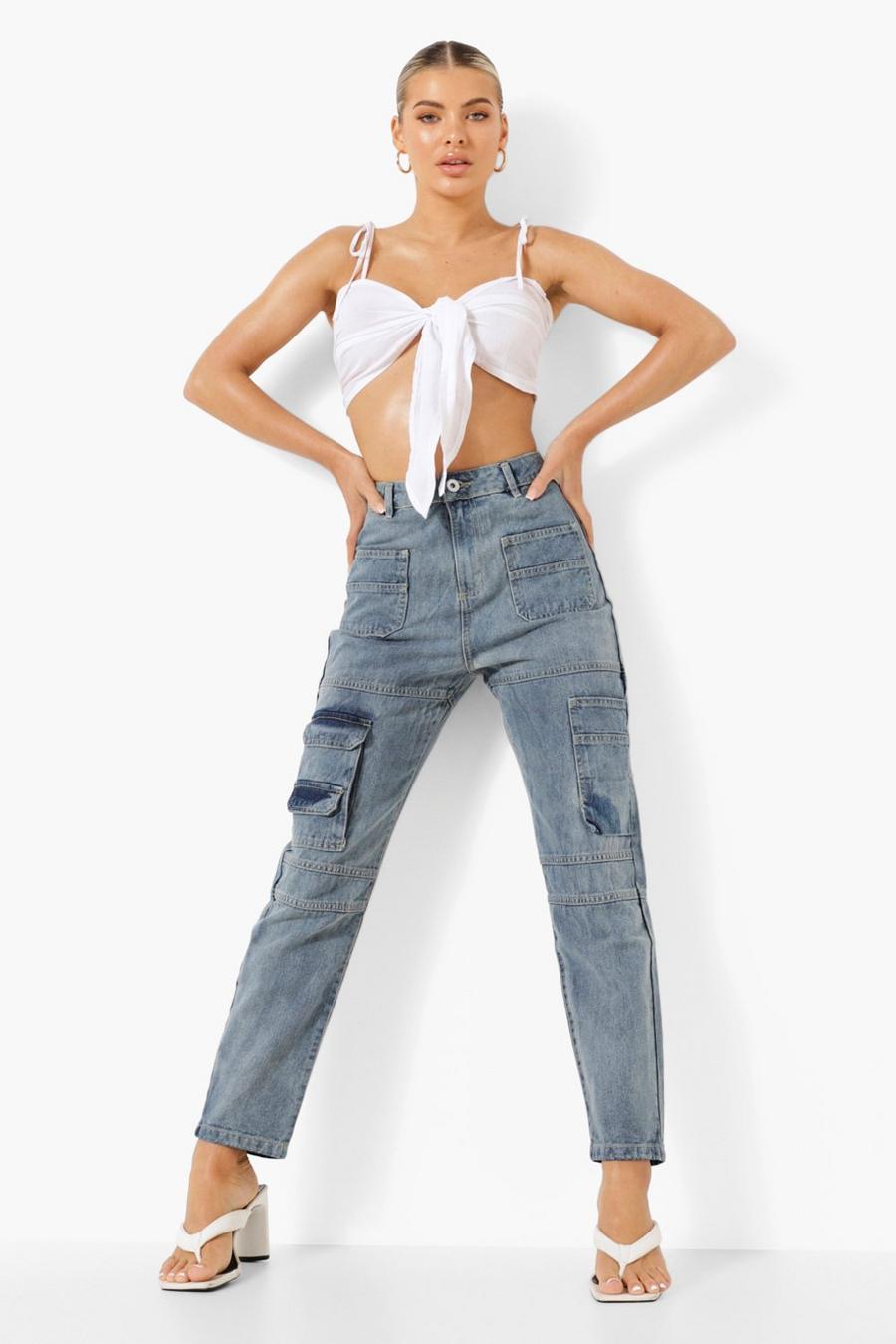 Bleach wash Boyfriend jeans med cargofickor och hög midja image number 1