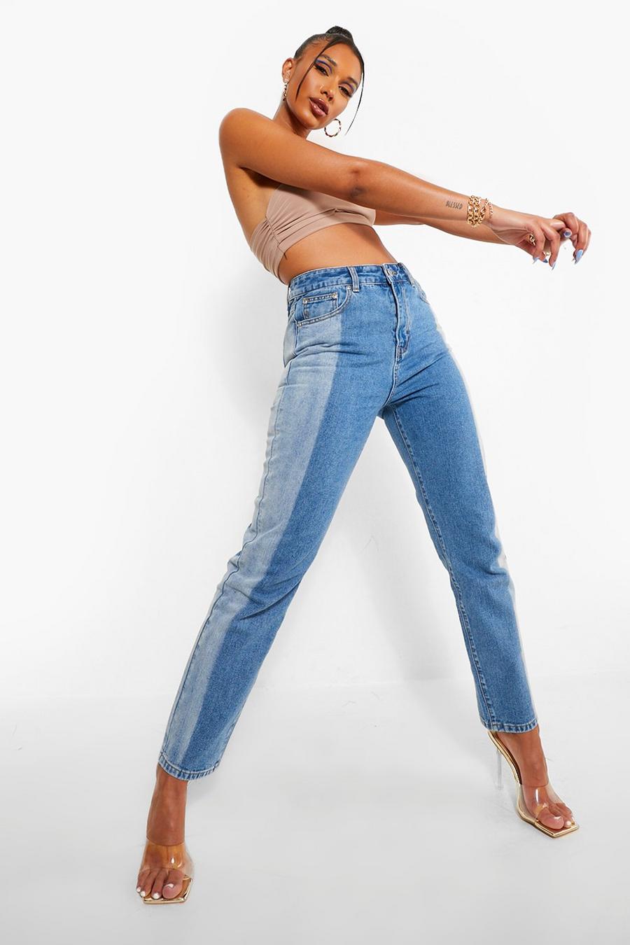 Mid blue Mom jeans med kontrastpaneler och hög midja image number 1