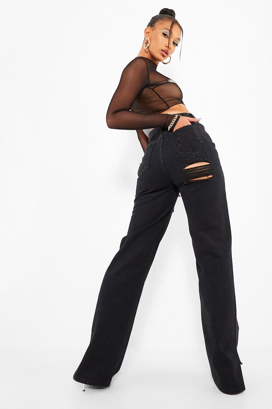 Straight Leg Jeans mit zerrissener Gesäßpartie & mit geteiltem Saum, Verwaschenes schwarz image number 1