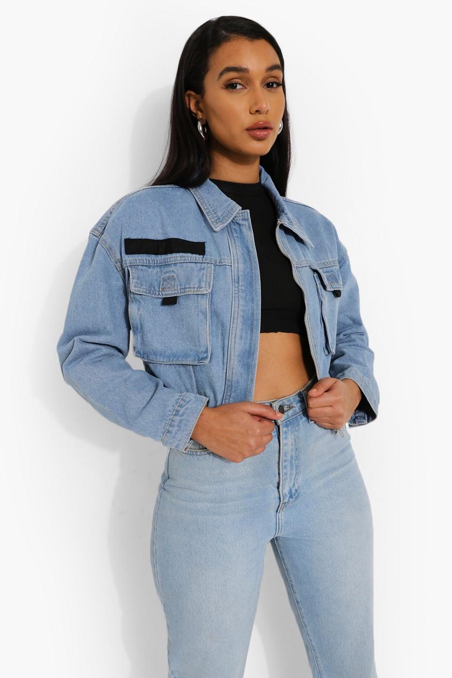 Mid blue Oversized Denim Cropped Utility Jacket image number 1