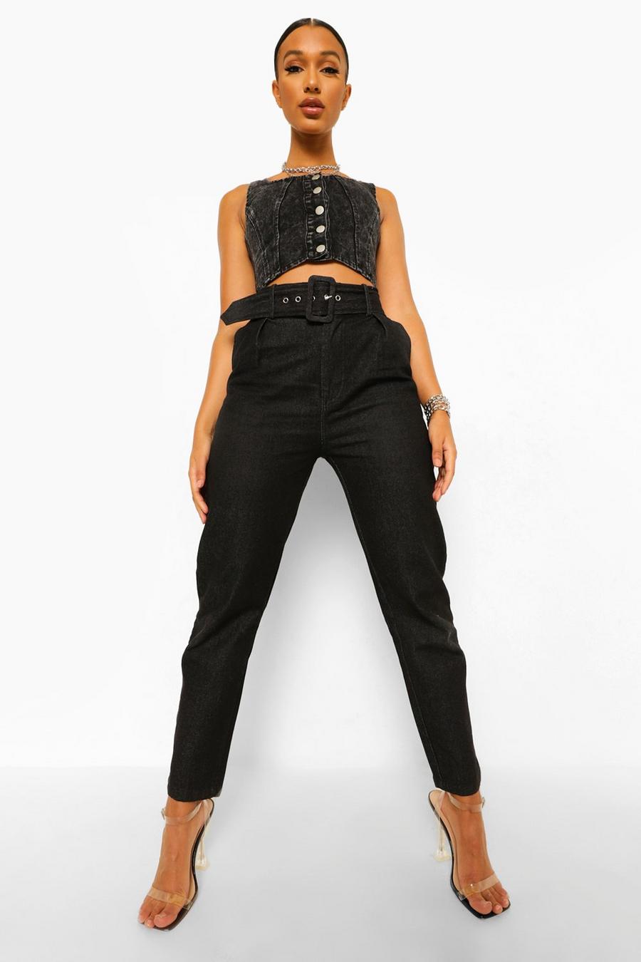 Black Self Fabric Belted Jeans image number 1