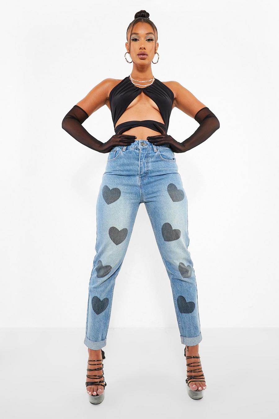 Mid blue High Waist Heart Print Mom Jeans image number 1