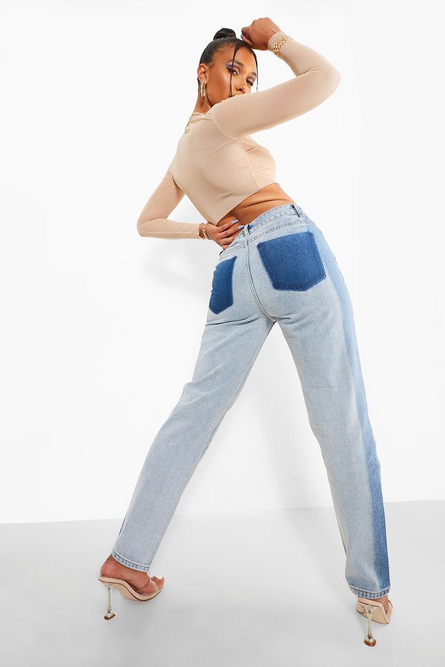 Bleach wash Mom jeans med kontrastpaneler och hög midja image number 1