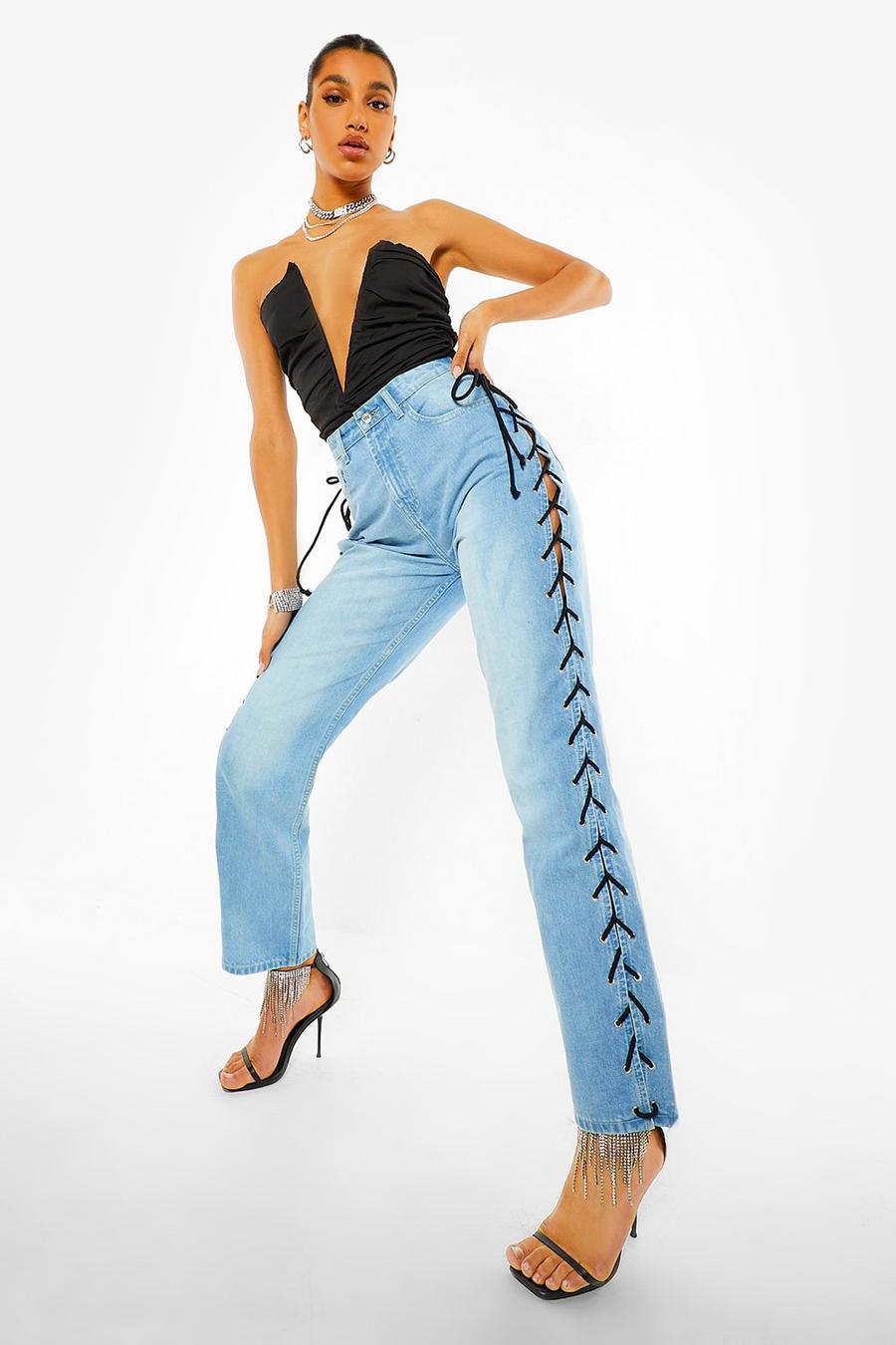 Ice blue High Waist Lace Up Boyfriend Jeans image number 1