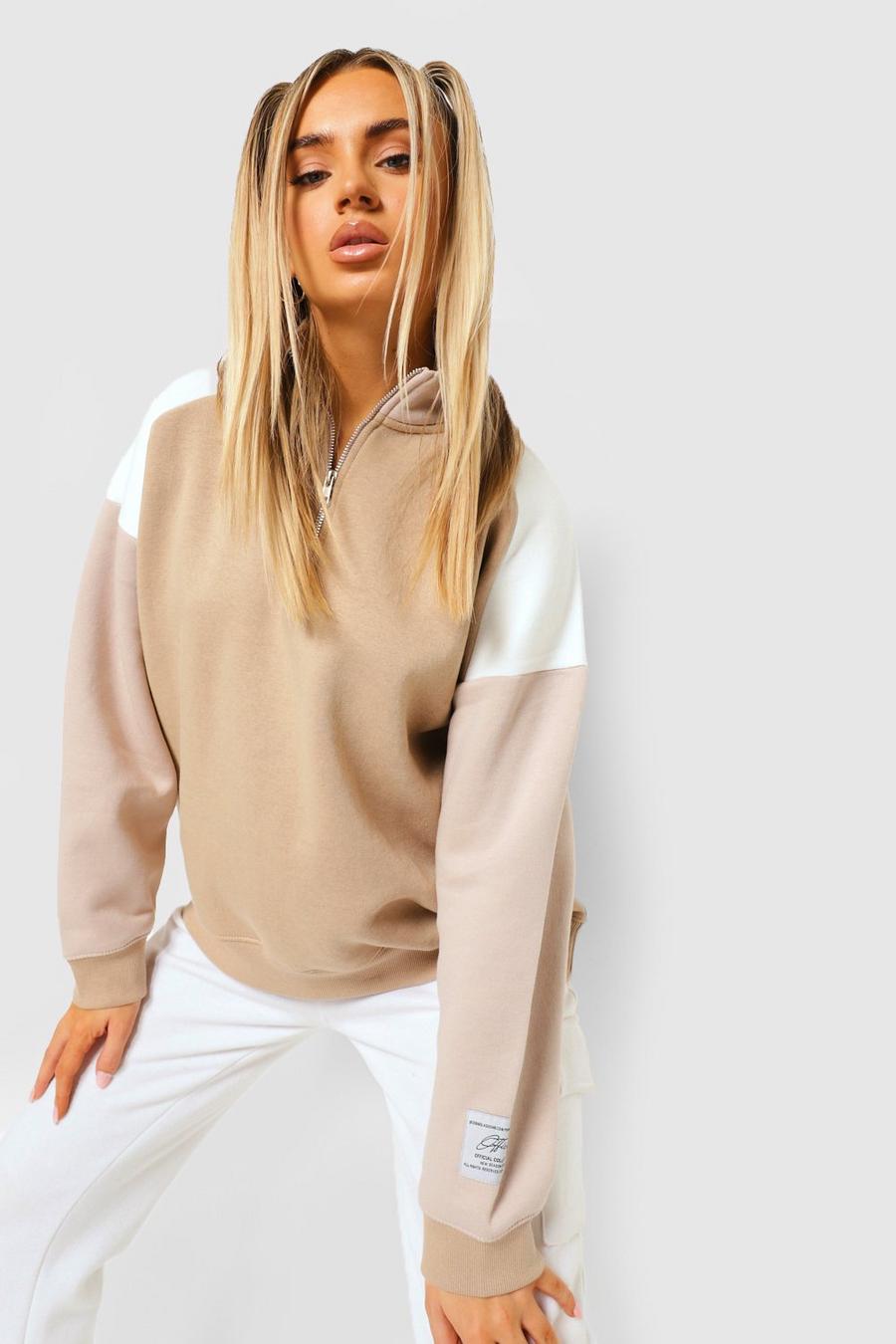 Taupe beige Official Product Color Block Half Zip Sweater