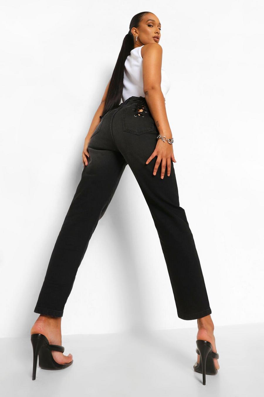 שחור דהוי סקיני ג'ינס מבד קשיח עם שרוכים מאחור image number 1