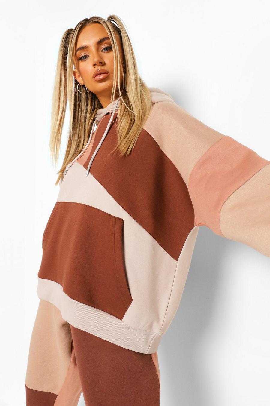 Taupe Monochrome Colour Block Hoodie Met Patches image number 1