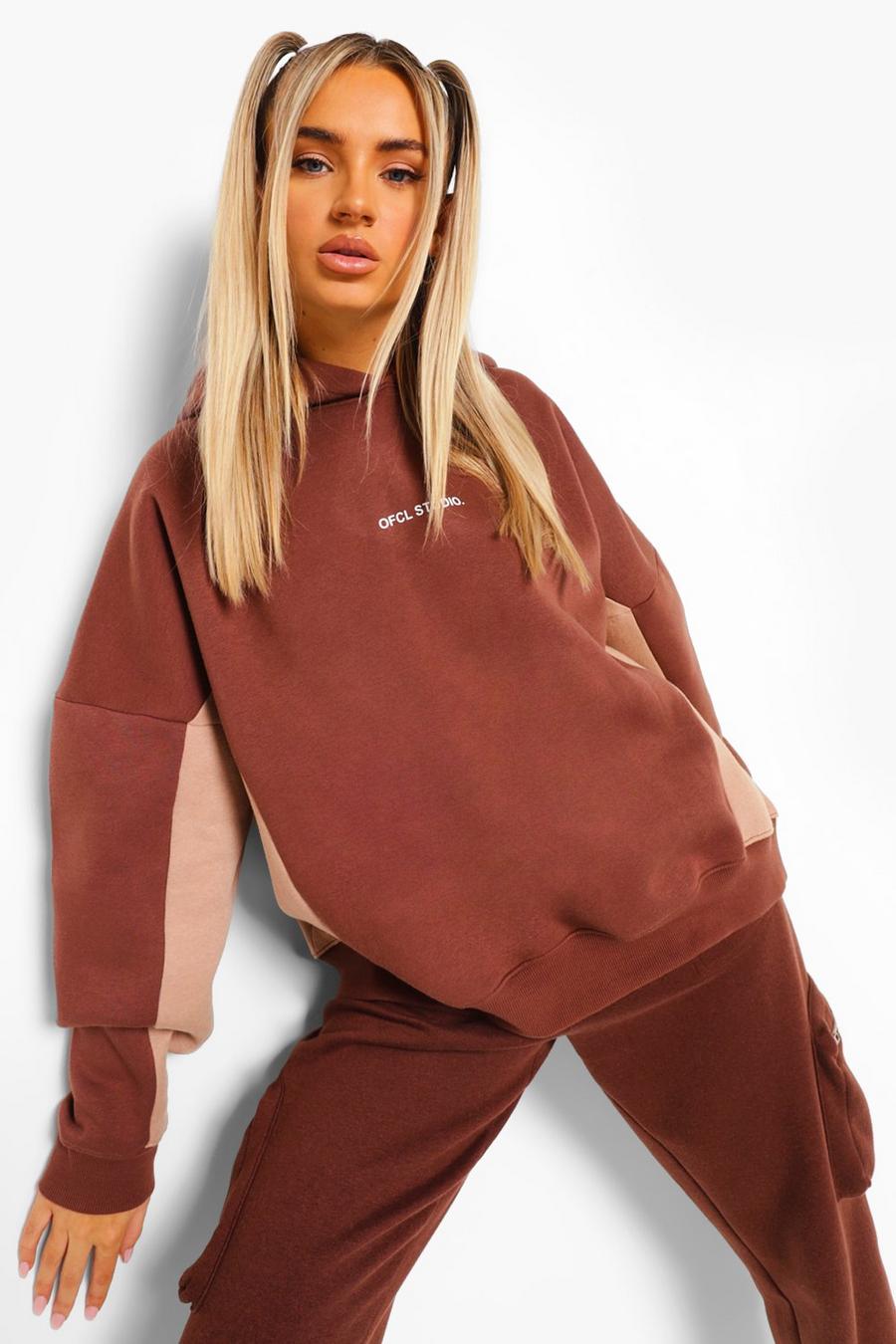 Chocolate Ofcl Colour Block Super Oversized Hoodie image number 1