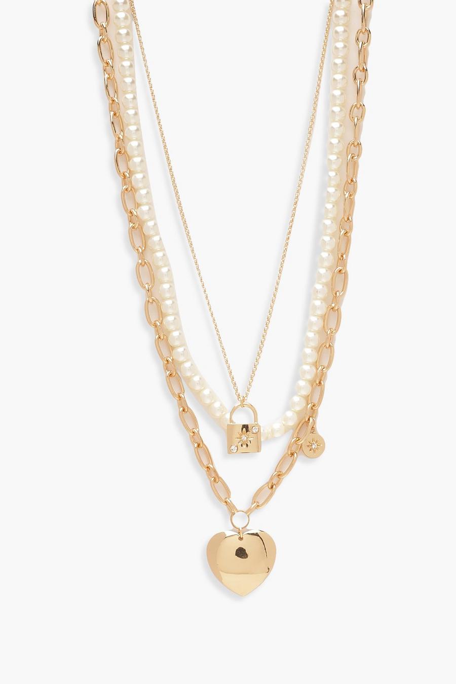 Gold metallic Pearl Padlock & Heart Layered Necklace