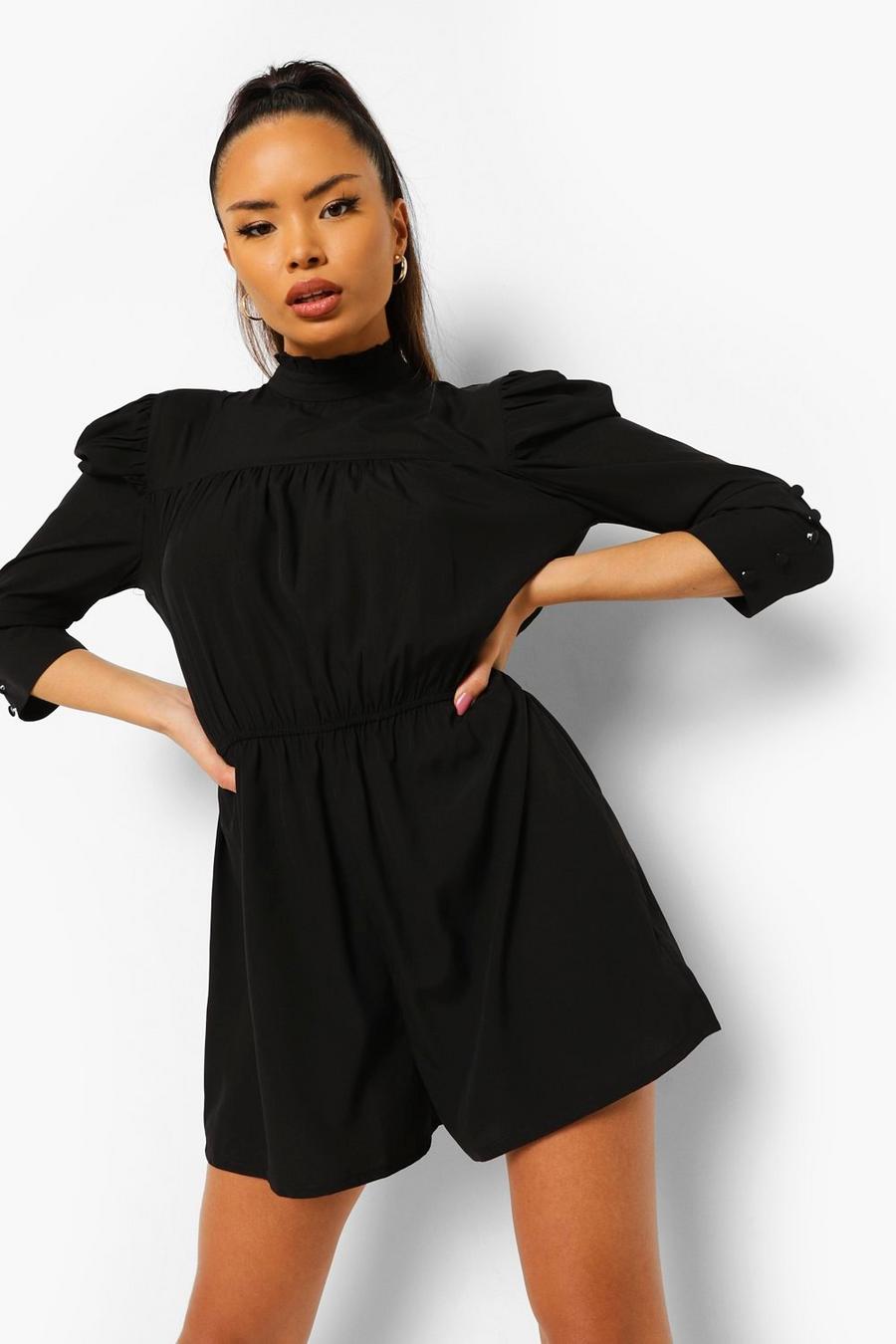 Black High Neck Puff Sleeve Playsuit image number 1