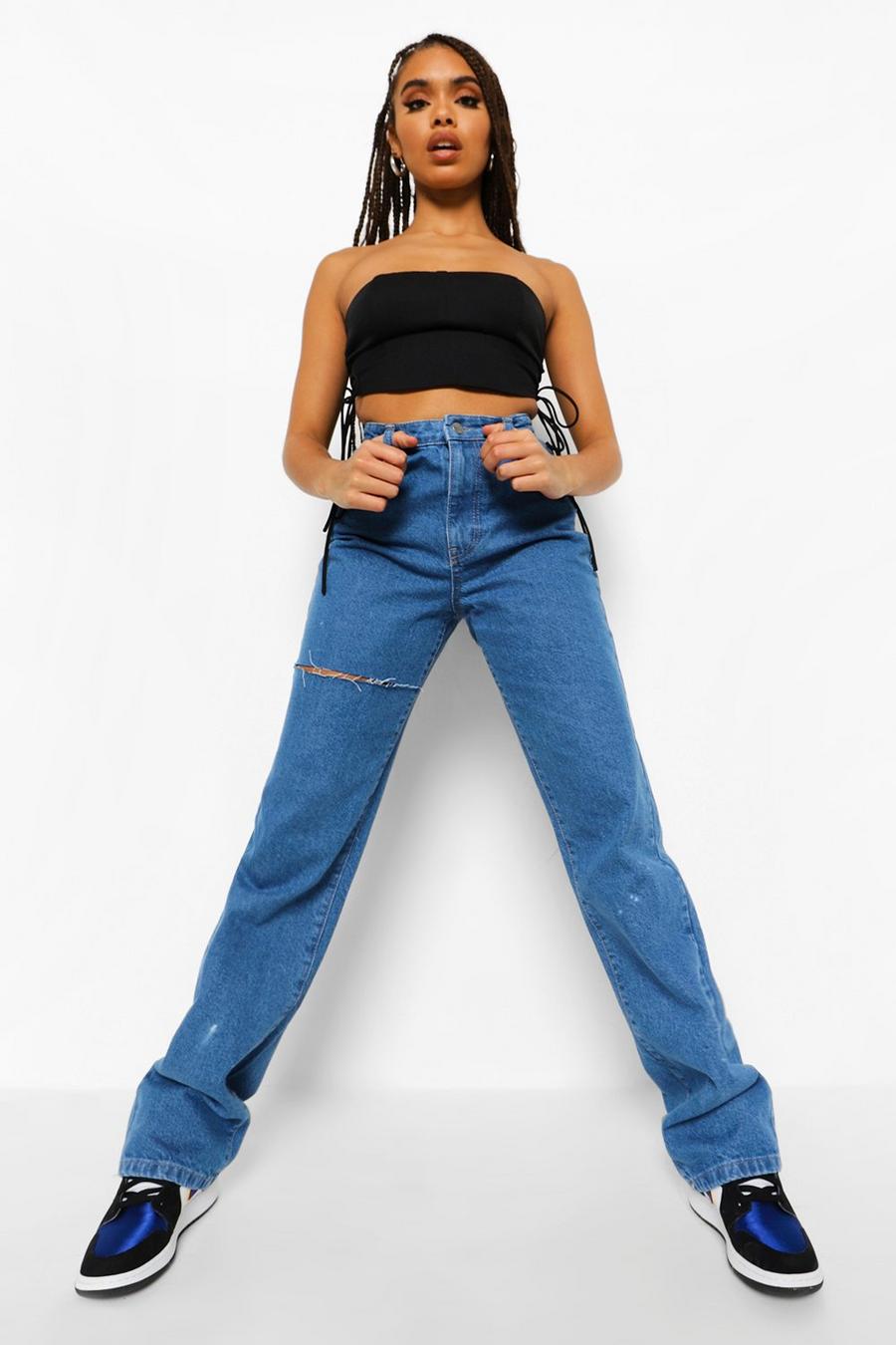 כחול ביניים ג'ינס קשיח בגזרת בויפרנד עם פתחים בברכיים  image number 1