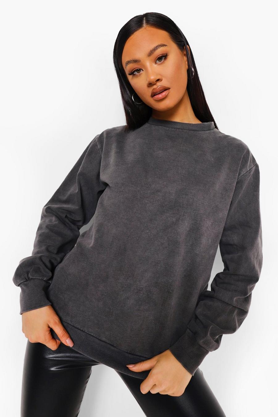 Charcoal Kolgrå sweatshirt med stentvättad effekt image number 1