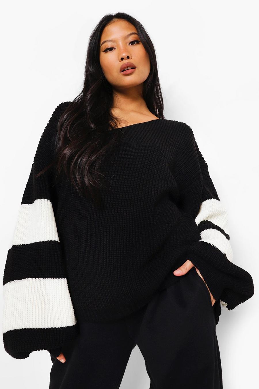 Black Petite V Neck Striped Sweater image number 1