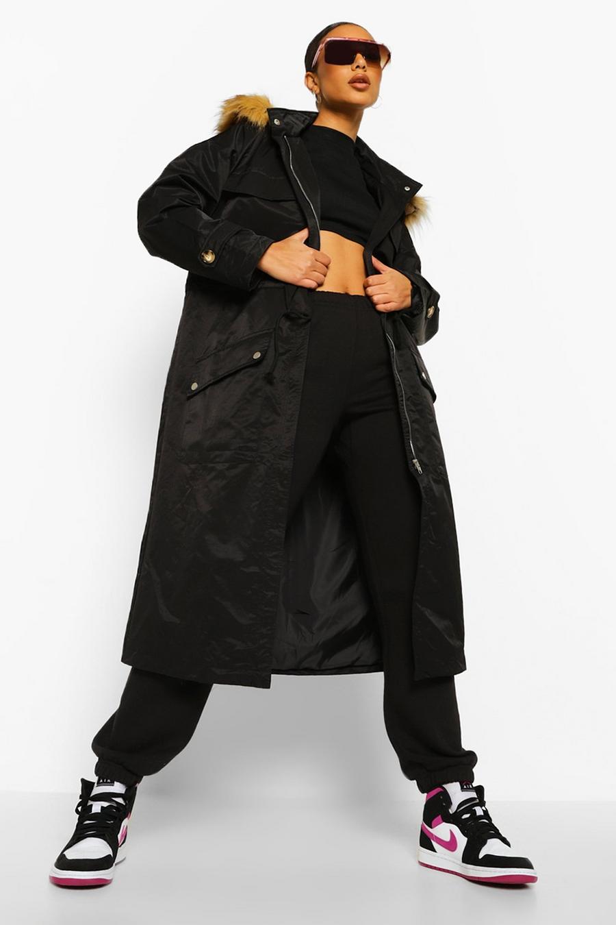 שחור מעיל פארקה עם כיסים וגימור דמוי פרווה image number 1