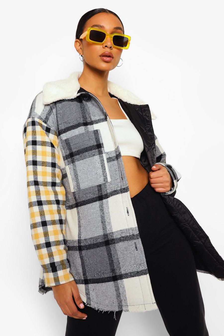Grey Contrast Check Borg Collar Shacket image number 1