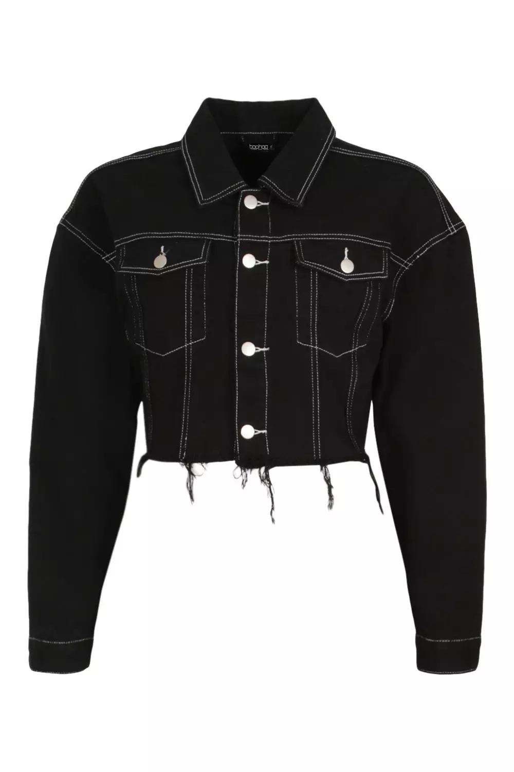 Black cropped denim jacket with store white stitching