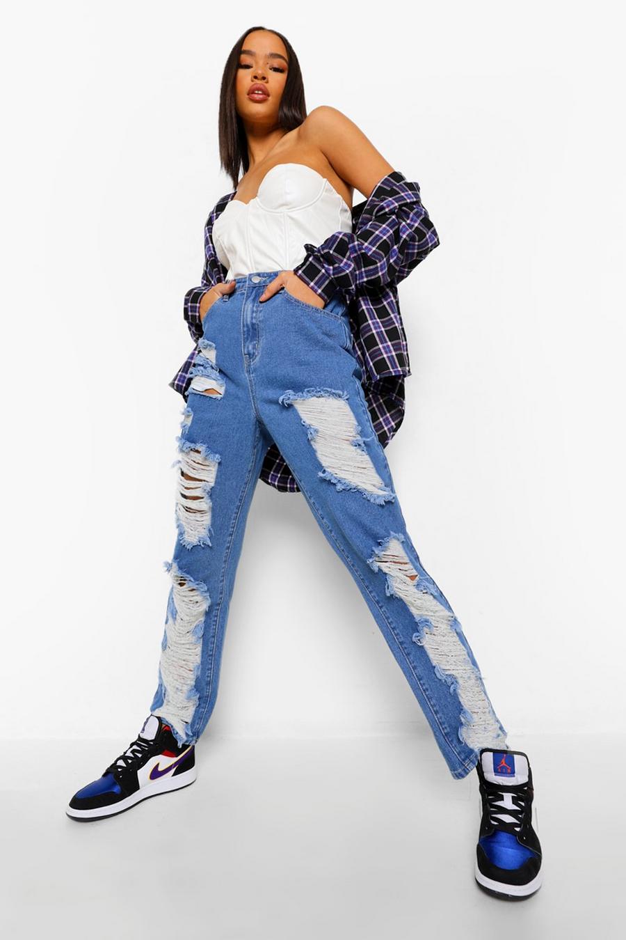 Mid blue High Waisted Extreme Rip Straight Leg Jeans image number 1