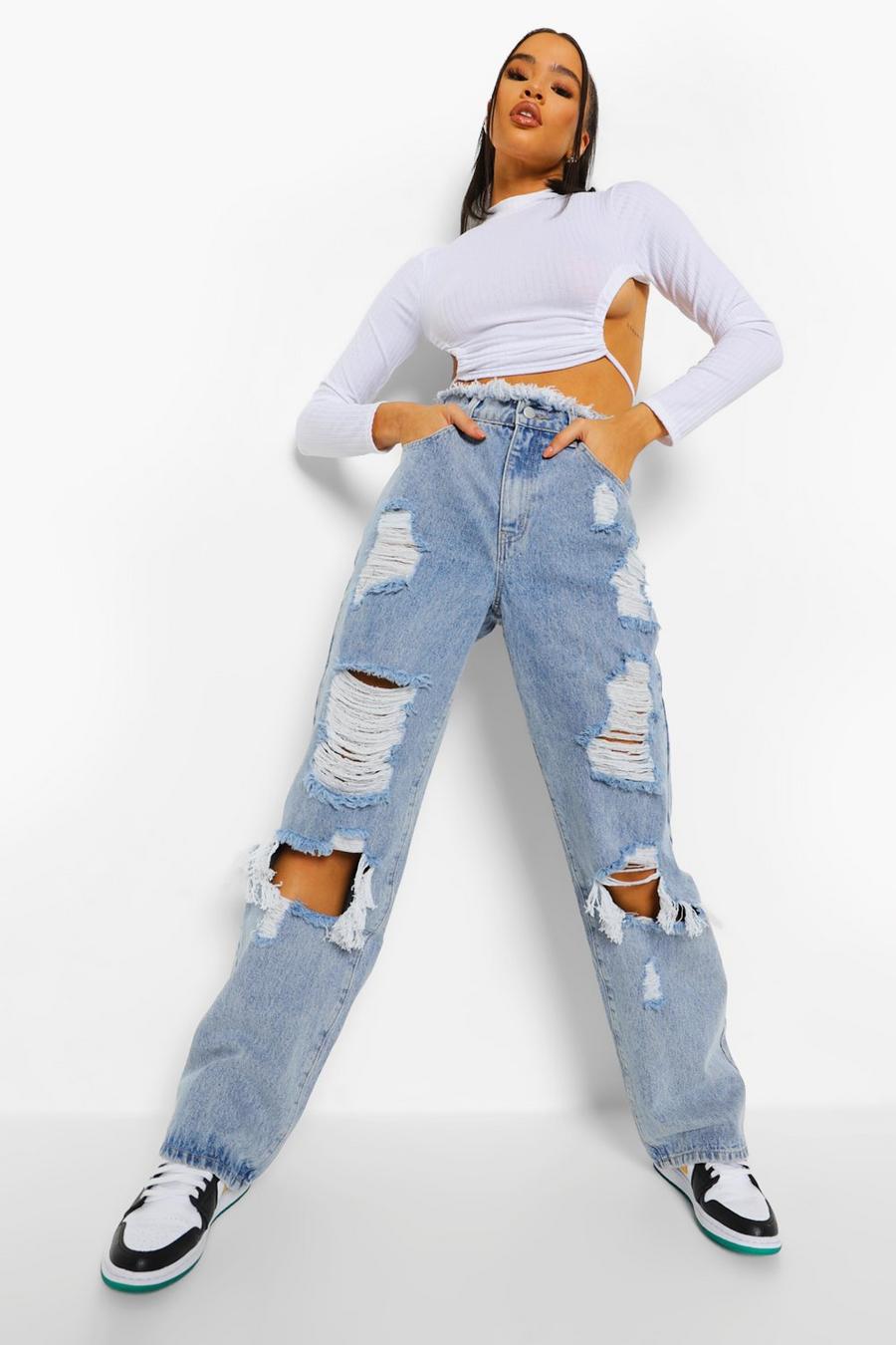 Light blue Fray Waistband Distressed Boyfriend Jeans image number 1