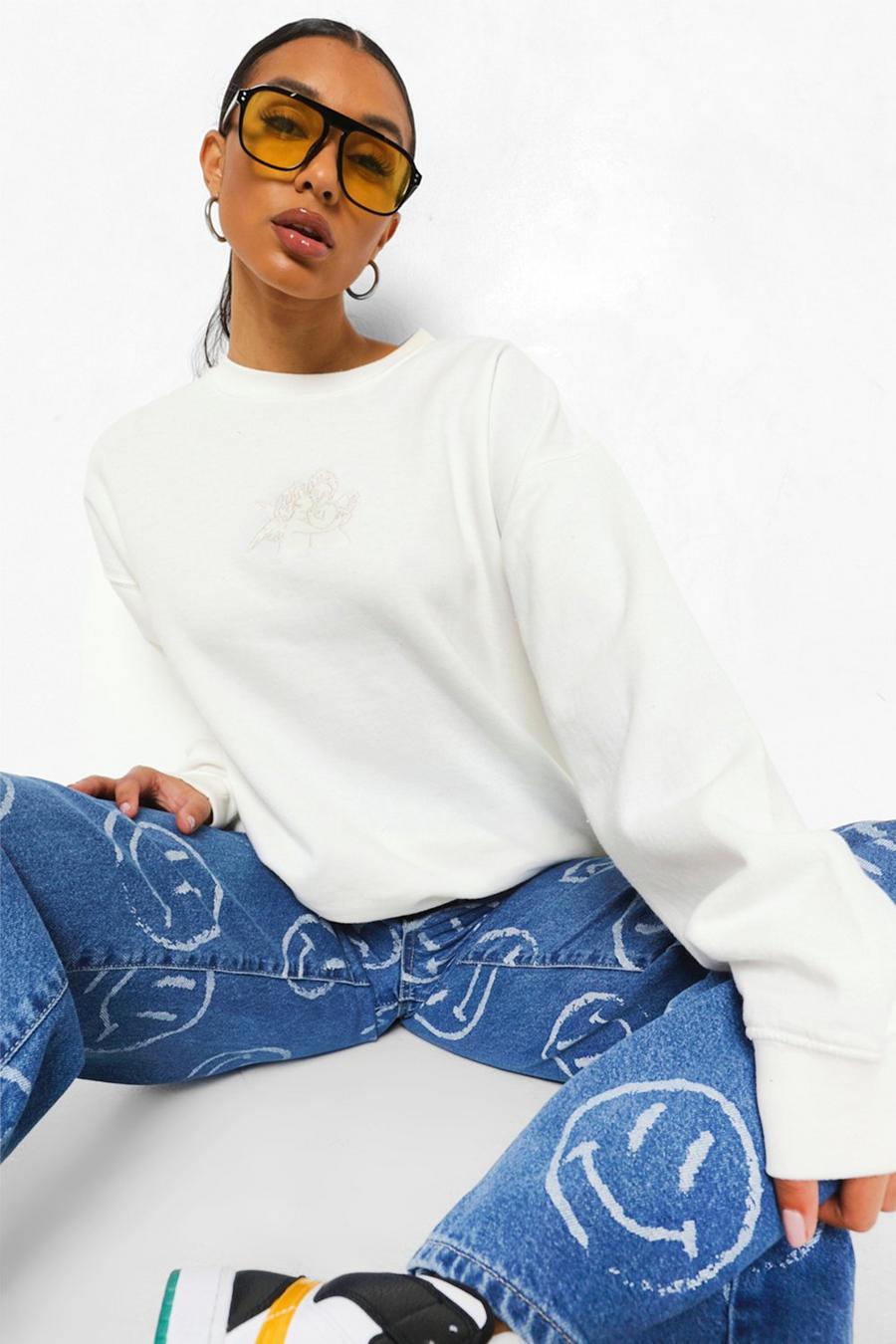 Ecru Cherub Embroidered Oversized Sweatshirt image number 1