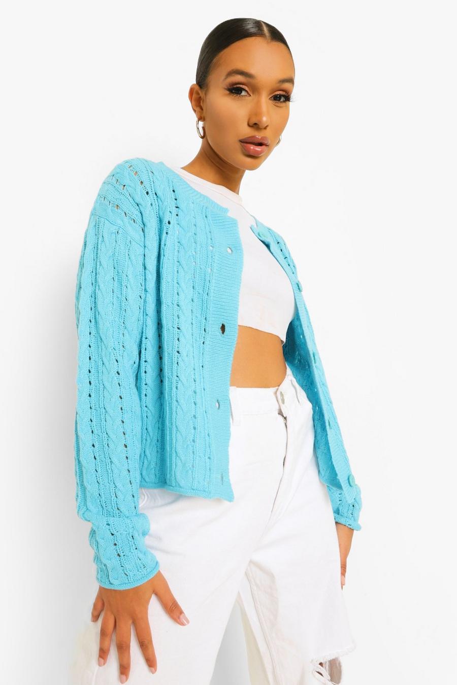 Aqua Cable Knit Cropped Cardigan image number 1