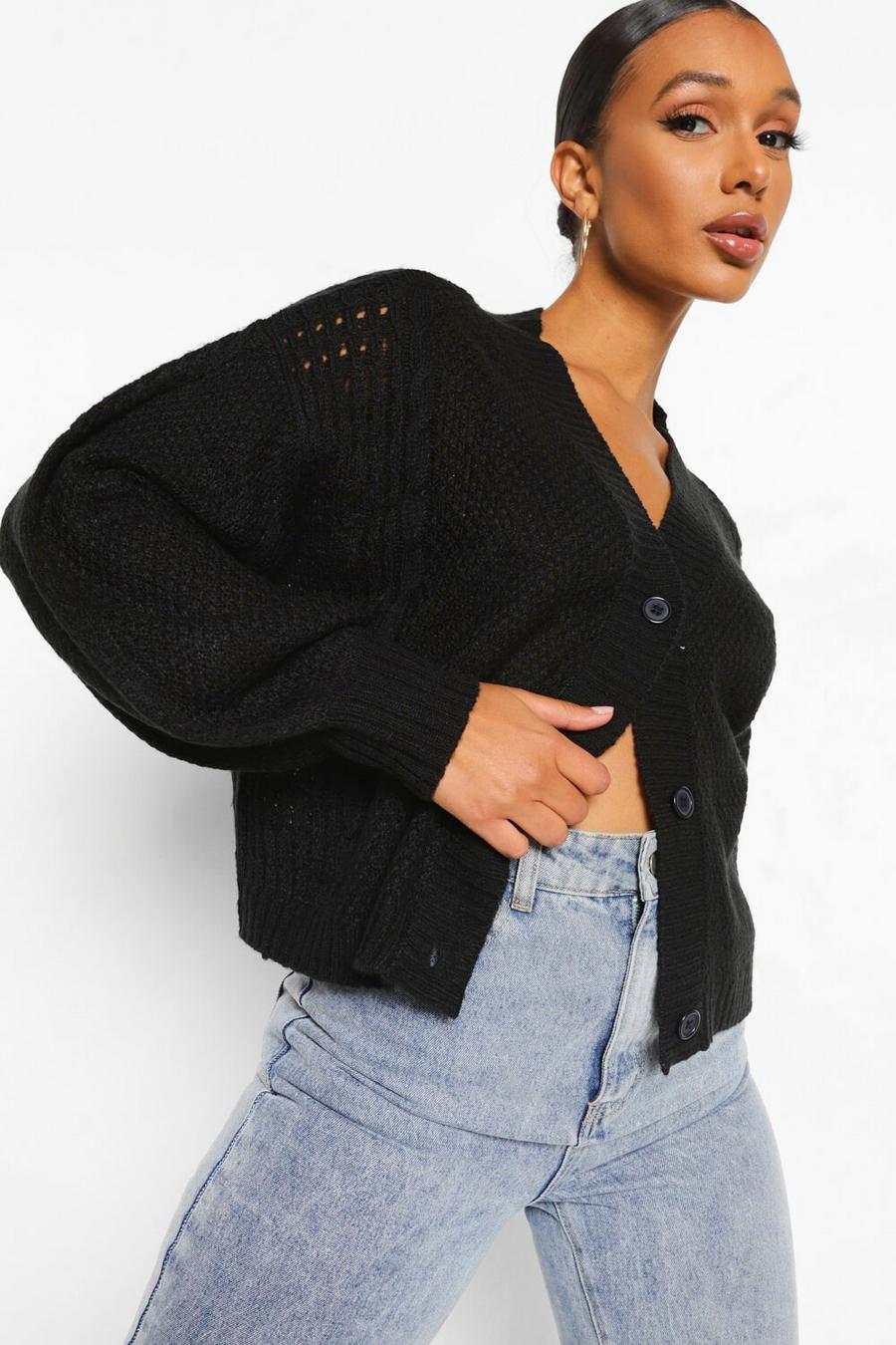 Black Mixed Stitch Cropped Cardigan image number 1