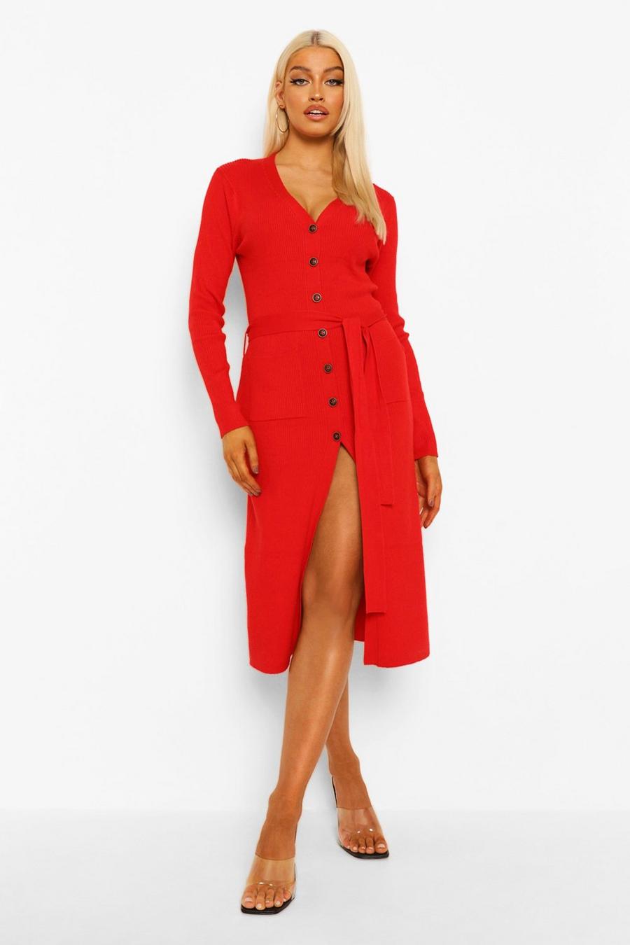 Red Belted Rib Knit Midi Dress image number 1