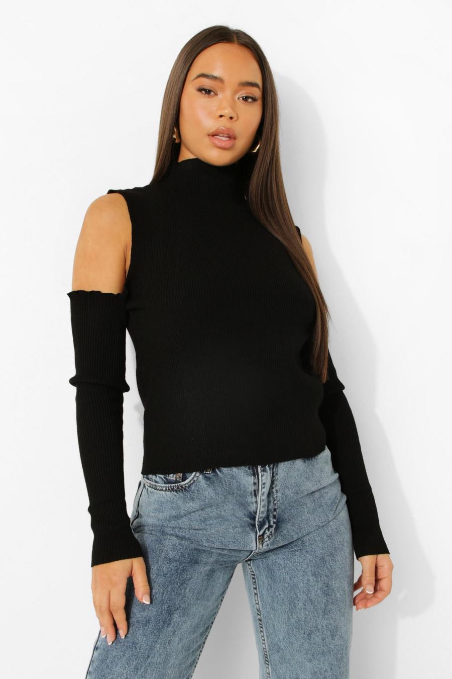 Black Cut Out Detail Rib Knitted Jumper image number 1