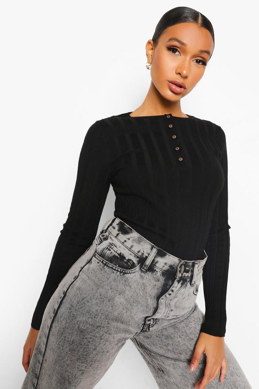 Black Button Through Crew Neck Rib Knitted Jumper image number 1