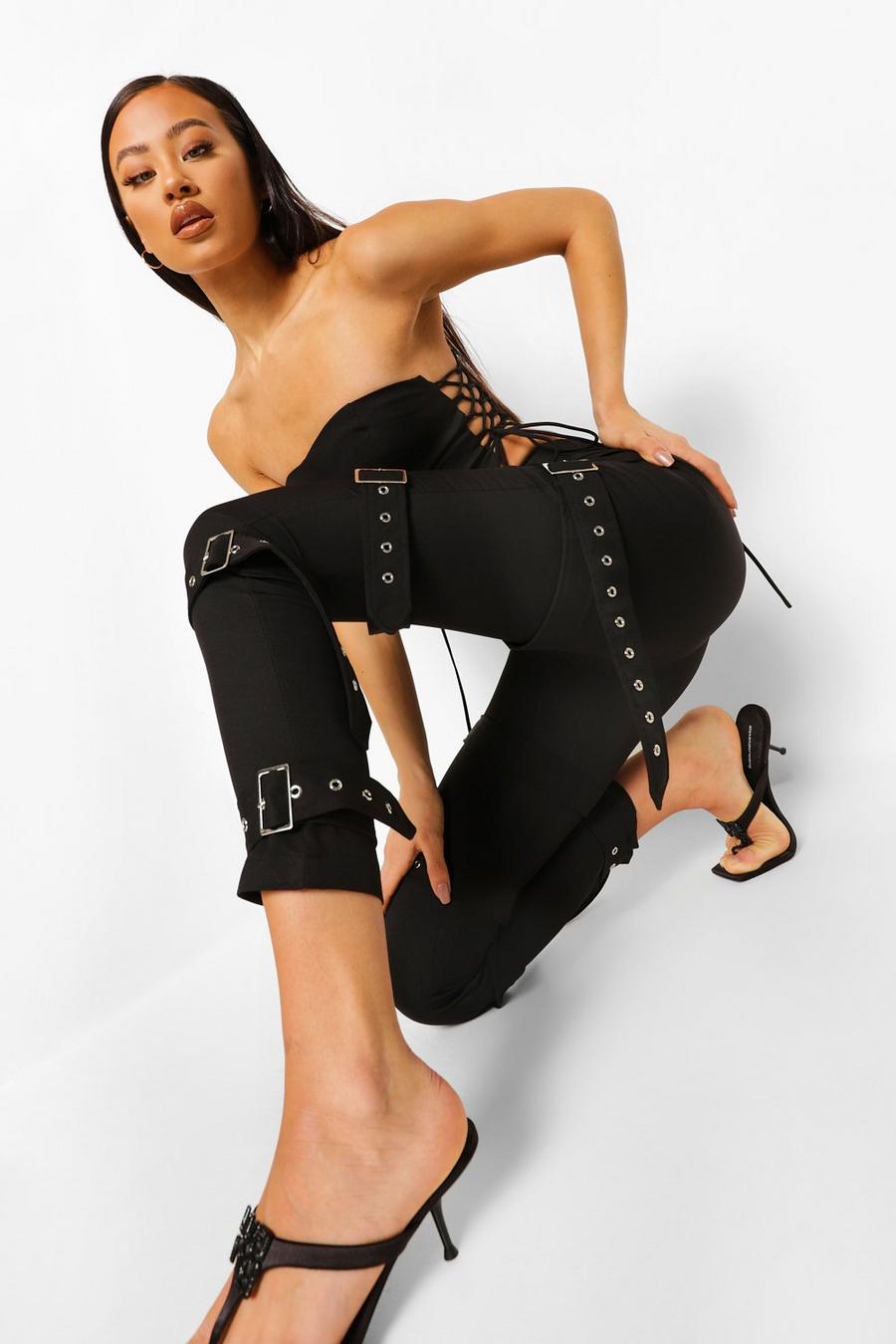 Black Buckle Strap Detail Skinny Trousers image number 1