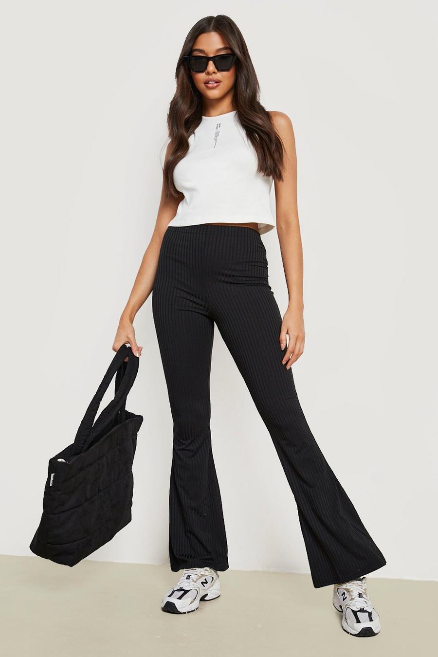 Black Basics High Waisted Ribbed Flared Trousers image number 1