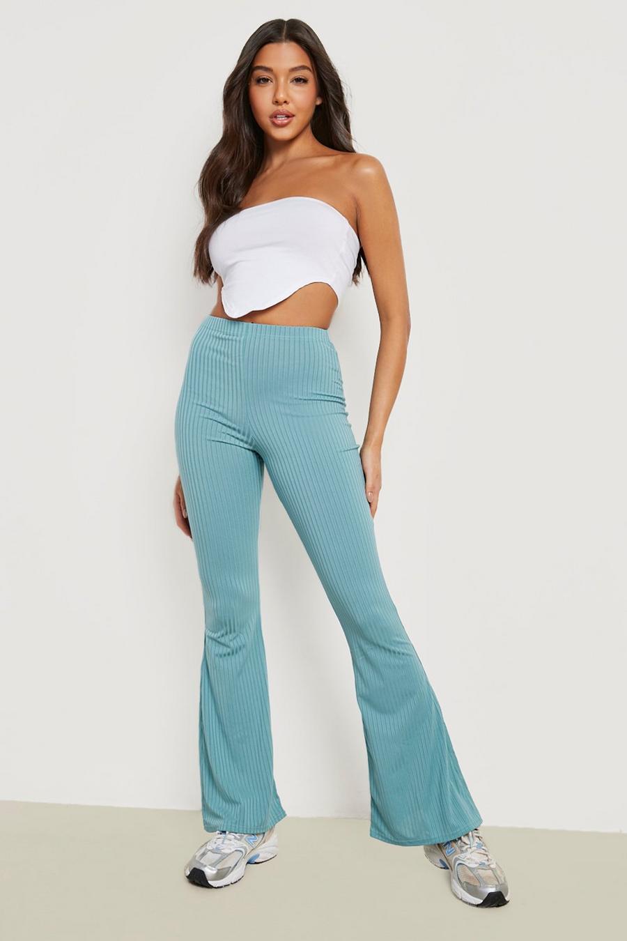 Teal Basics High Waisted Ribbed Flared Trousers image number 1