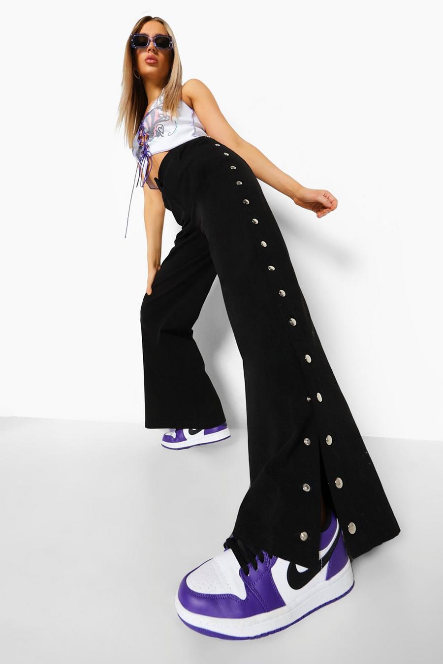 Black Woven Eyelet Detail Wide Leg Trousers image number 1