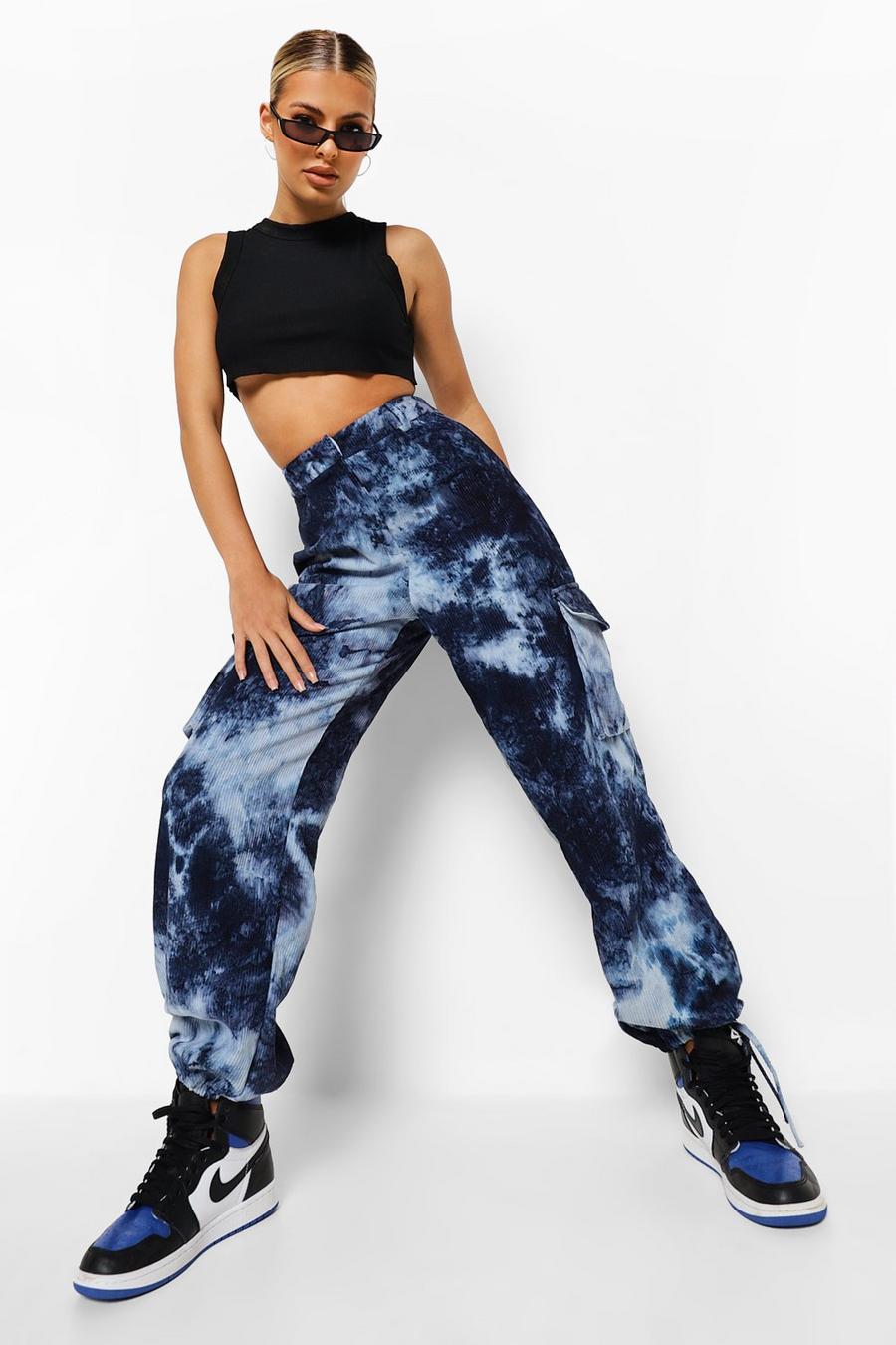 Navy Tie Dye Cord Pocket Cargo Trousers image number 1