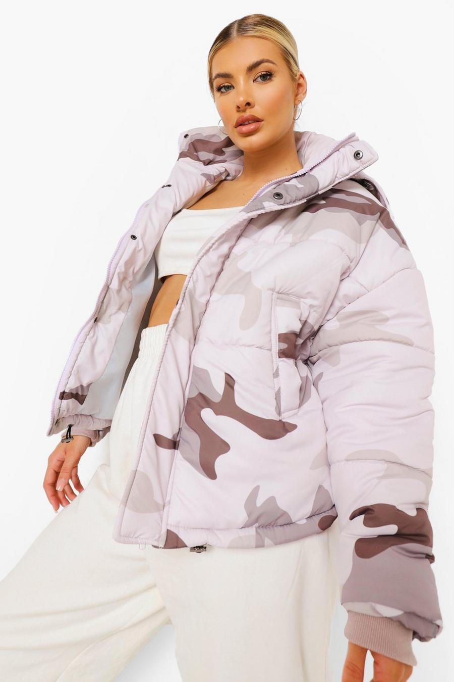 Stone Tonal Camo Hooded Crop Puffer Jacket image number 1