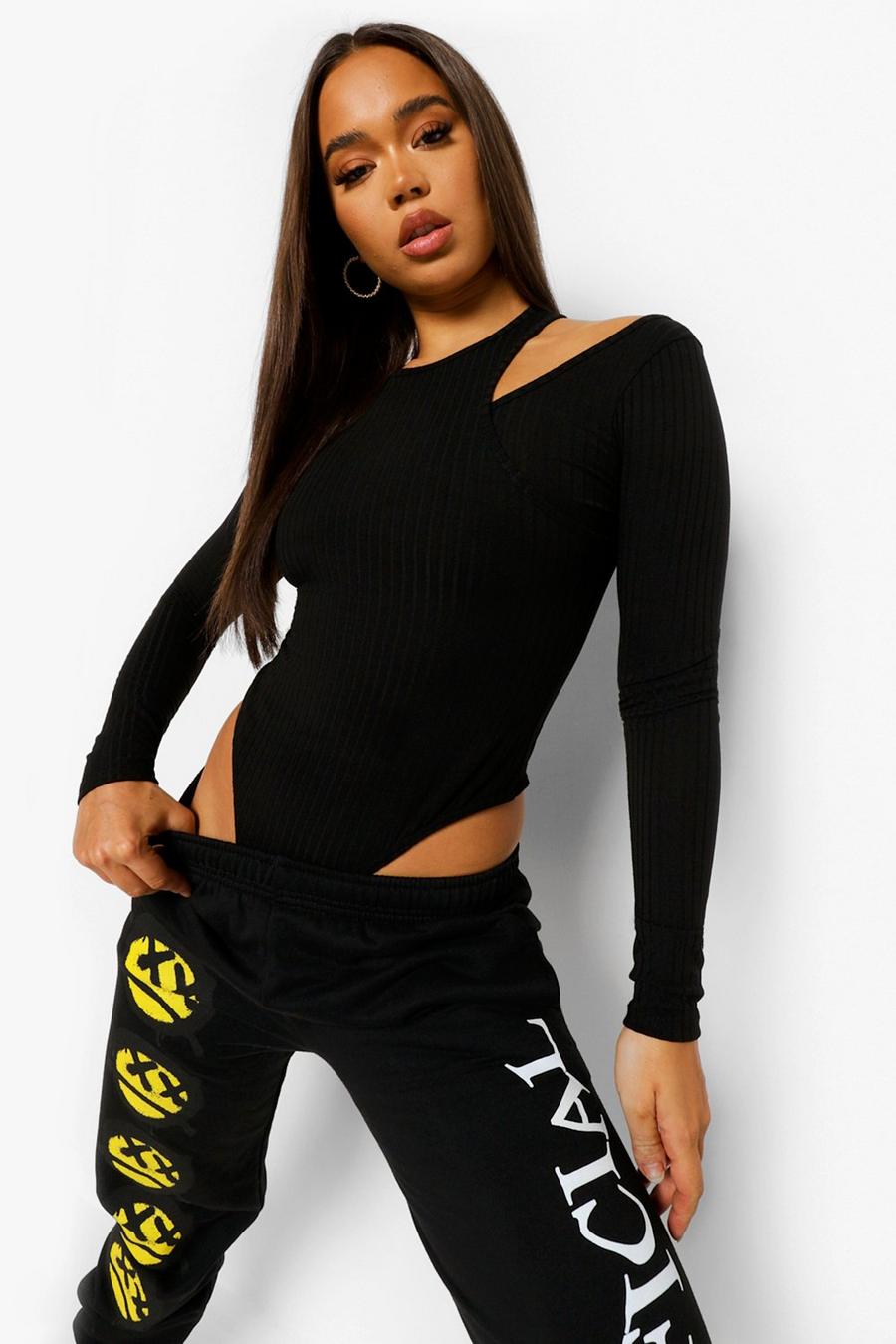 Black Double Layer Cut Out Detail Rib Knit Bodysuit image number 1