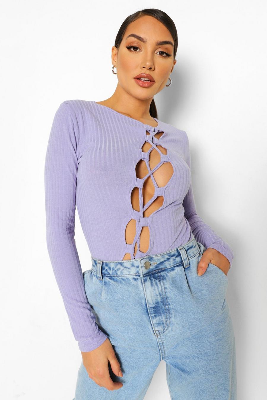 Lilac Asymmetric Lace Up Rib Knit Top image number 1