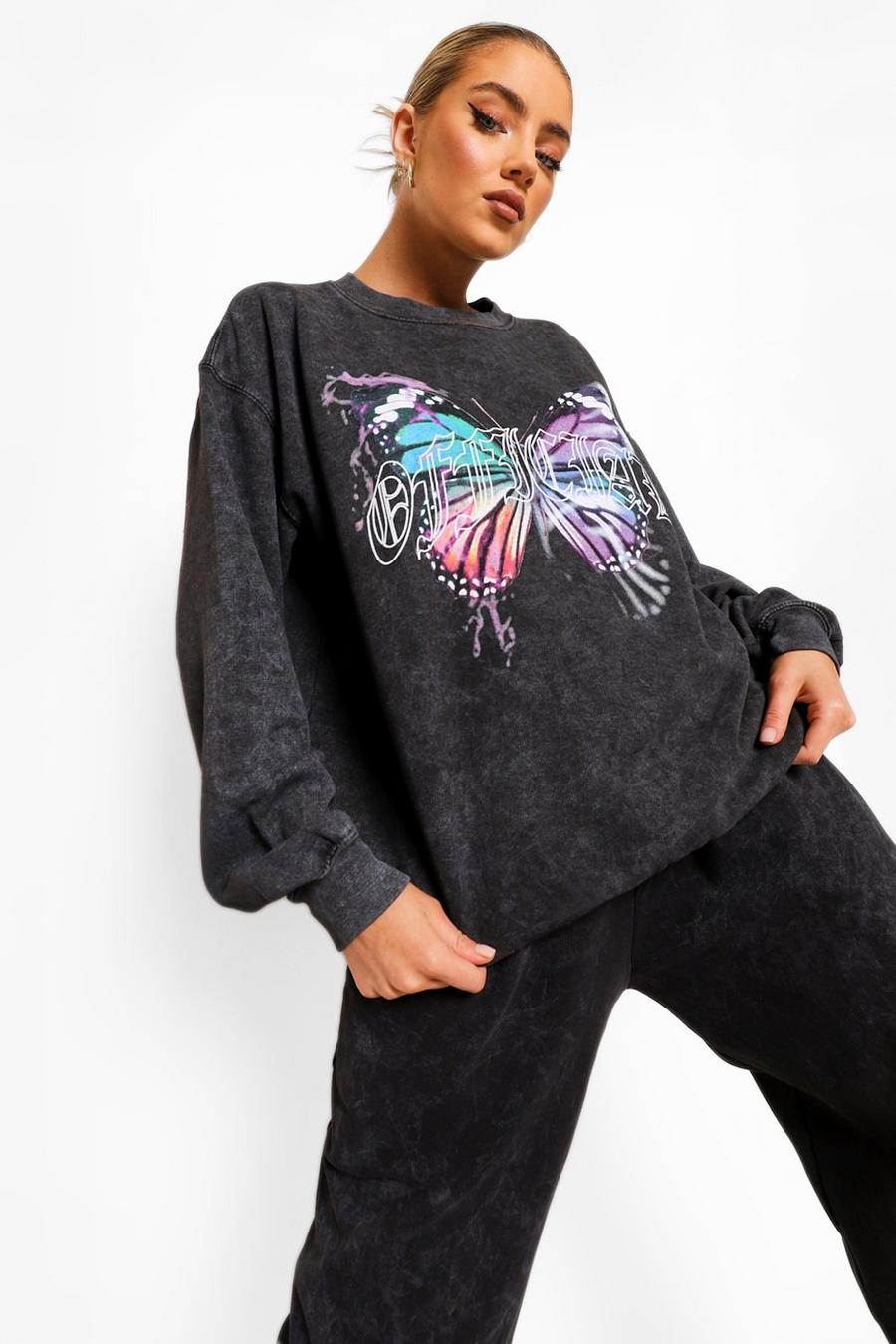 Charcoal grey Acid Wash Butterfly Print Sweatshirt image number 1