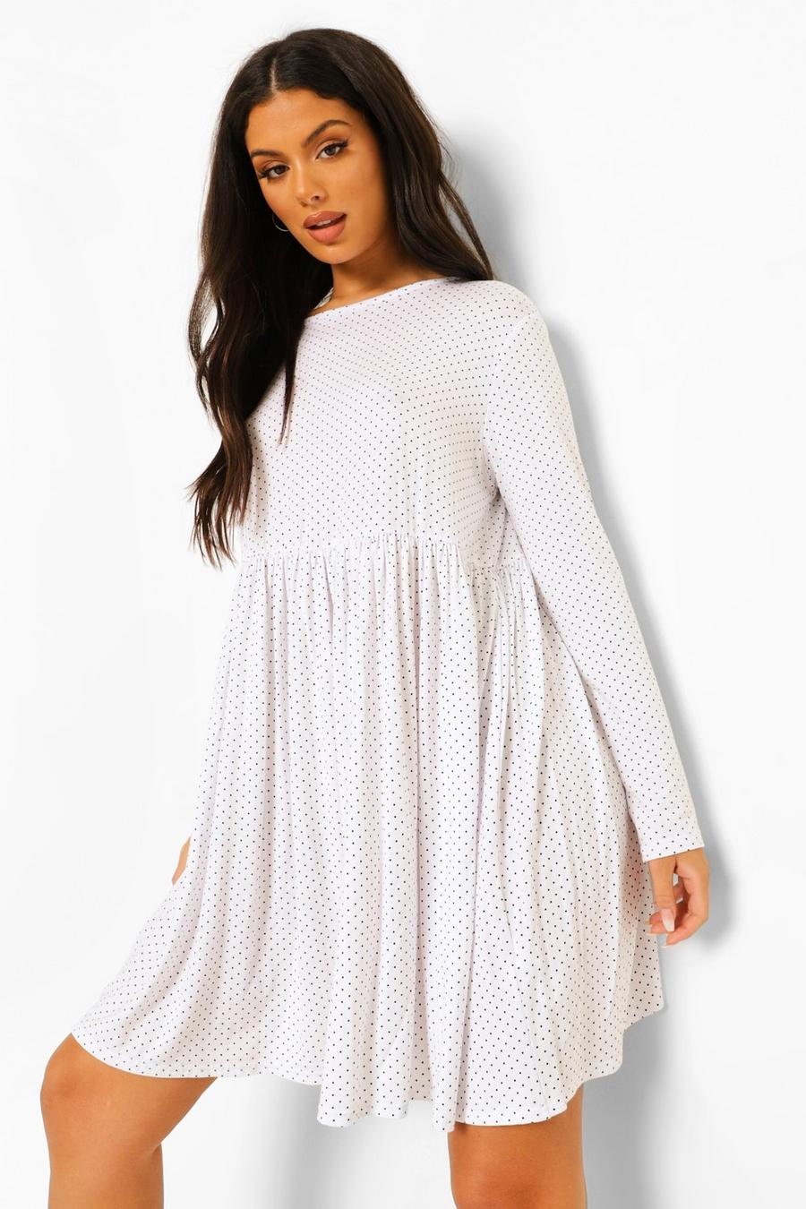 Polka Dot Long Sleeve Oversized Smock Dress image number 1