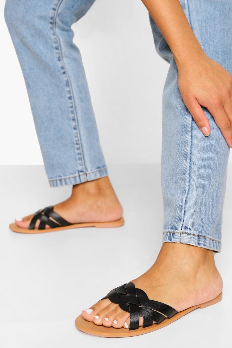 Sandalias de holgura ancha de tela trenzada, Negro