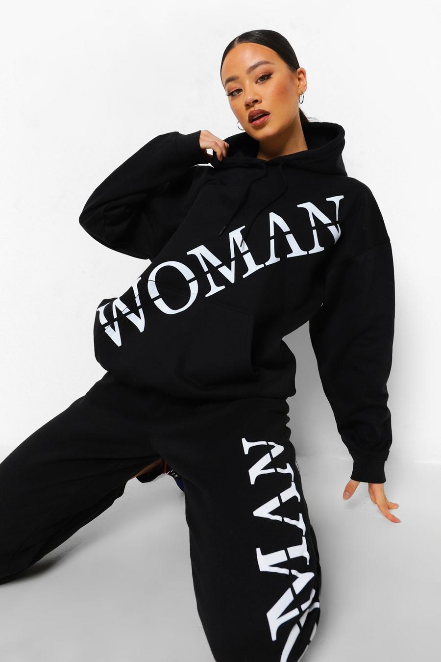 Hoodie in Übergröße mit „Woman Roman“-Print quer über das Kleidungsstück, Schwarz image number 1