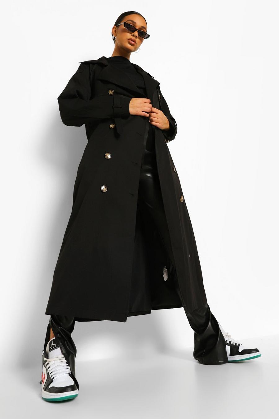 Black Oversized Woven Belted Trench Coat image number 1