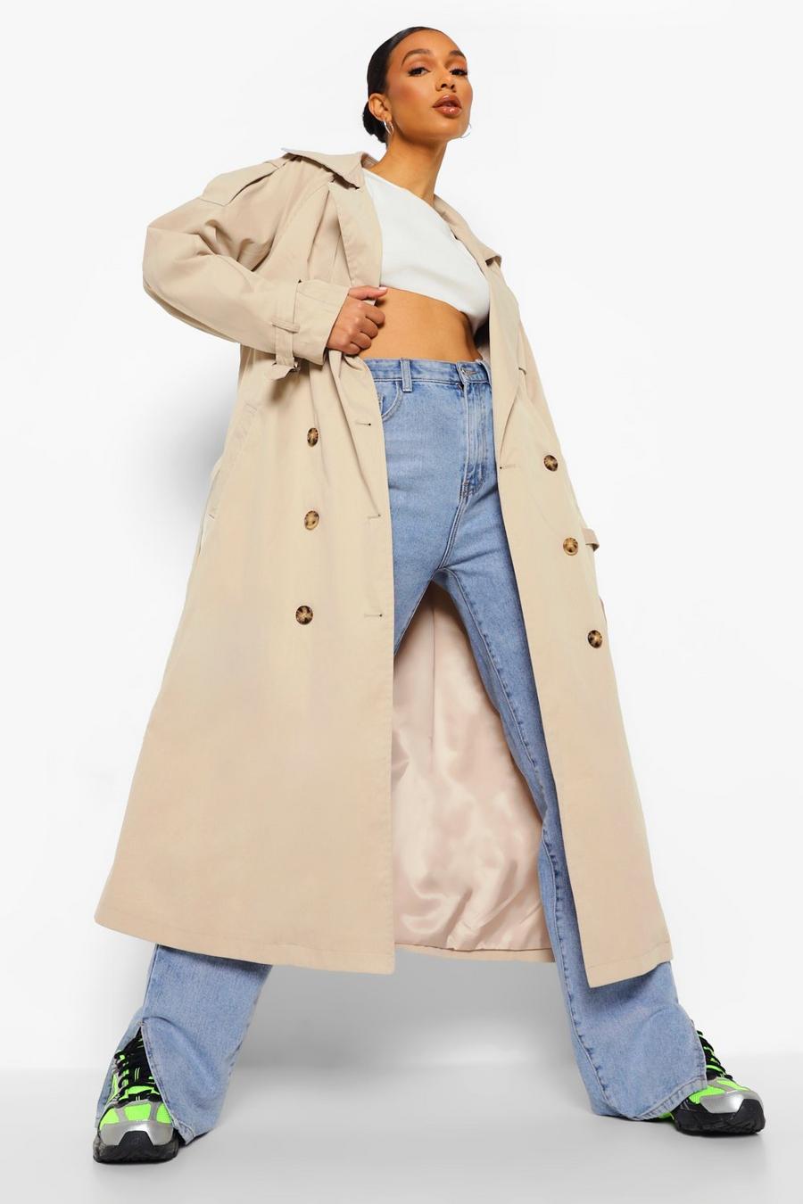 Stone Oversized Woven Belted Trench Coat image number 1