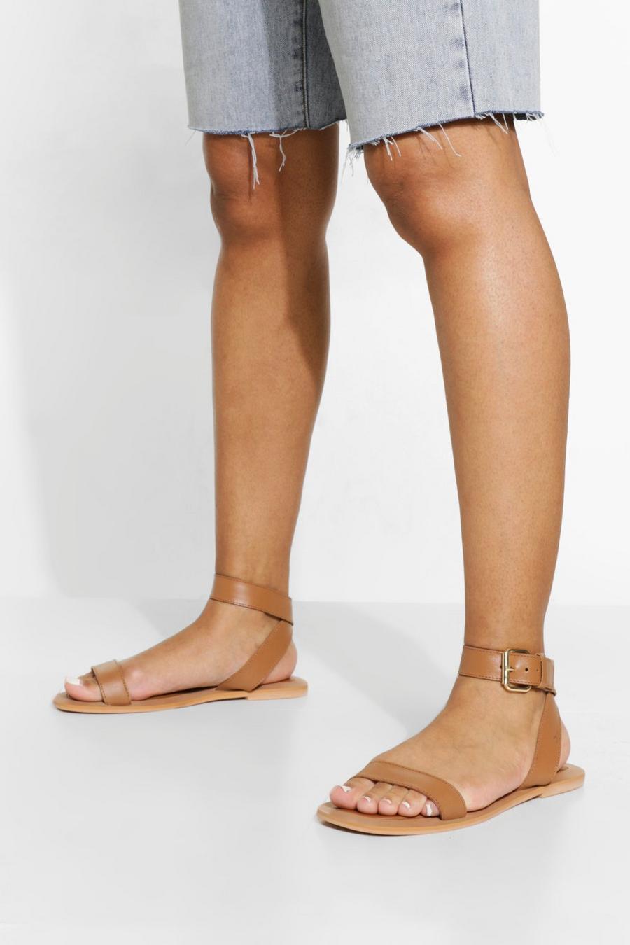 Tan Leather Square Toe Buckle Detail Sandals image number 1