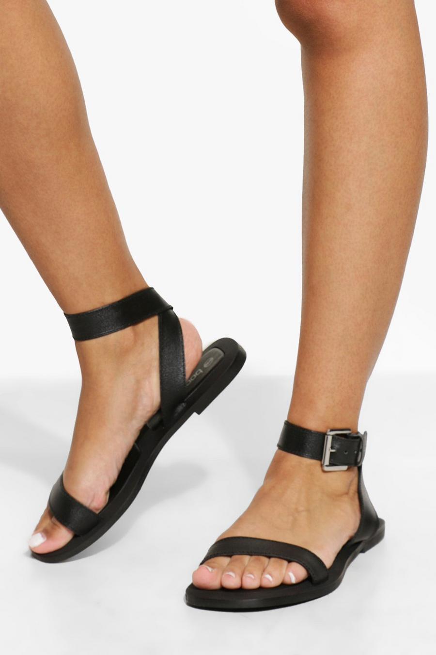 Black Wide Fit Leather Square Toe Buckle Sandal image number 1
