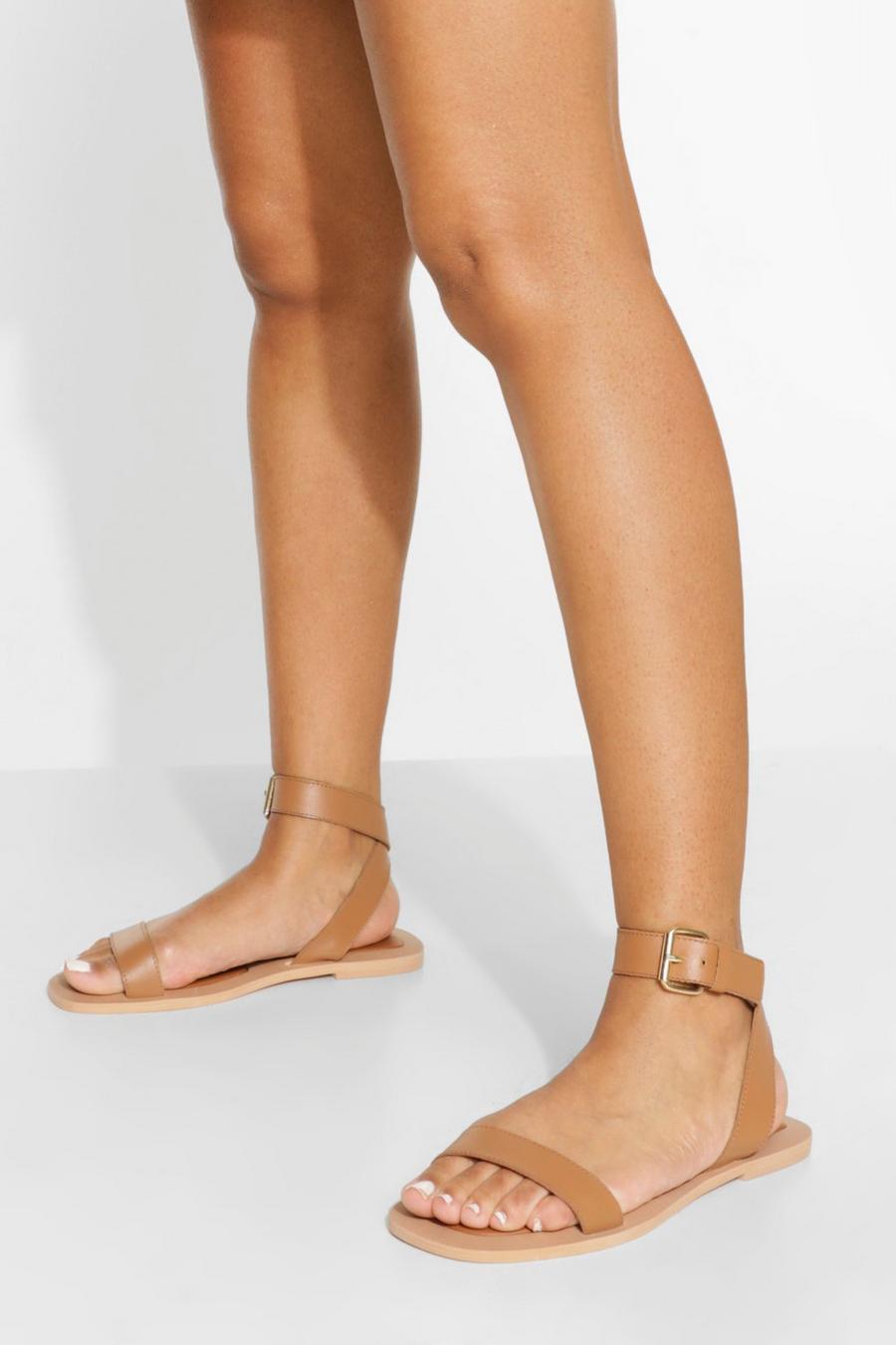 Tan Wide Fit Leather Square Toe Buckle Sandal image number 1
