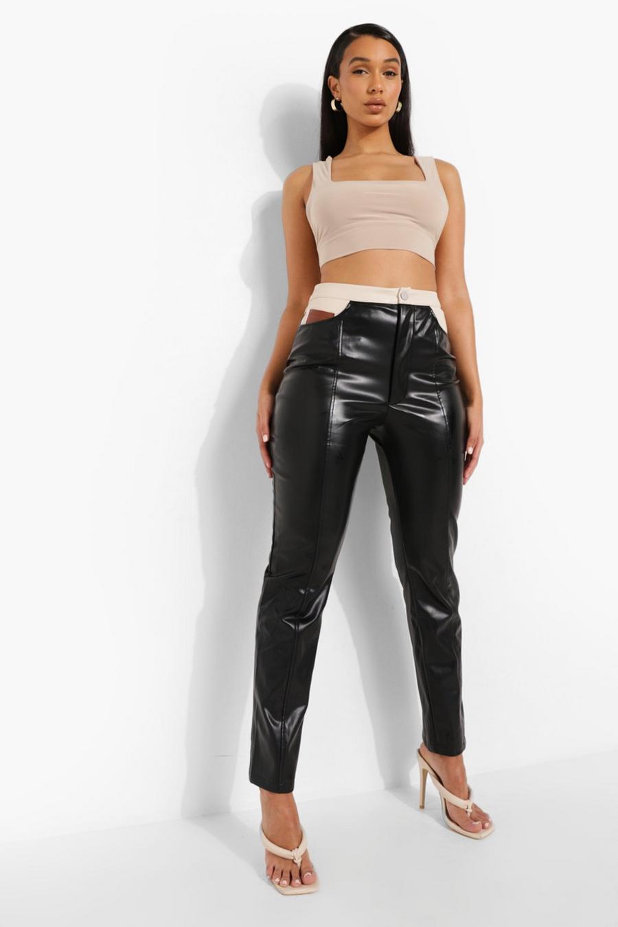 Black Contrast Pocket Leather Look Pants image number 1